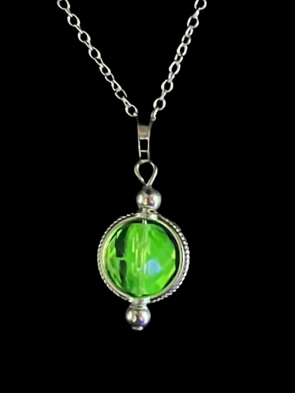 Handmade Uranium Glass Pendant Necklace With Reclaimed Bead UV Reactive Silver